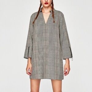 Zara Dress Houndstooth Plaid Mini Faux Leather Zipper XS A-line Casual Party Mod